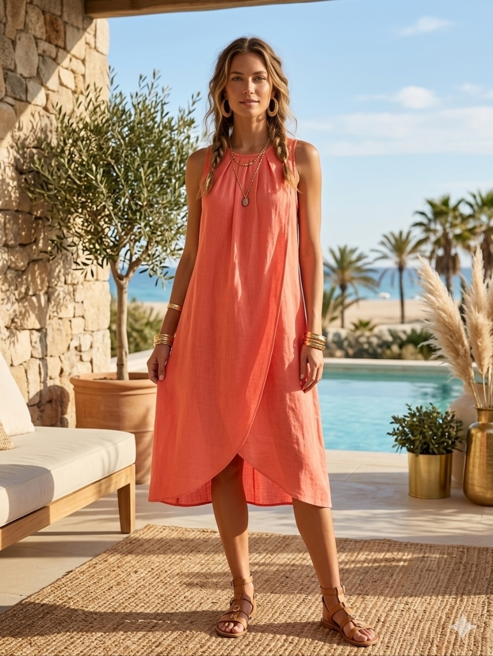 NWOT BELLAMBIA Magnifique Robe 100% Lin – Fabriquée en Italie – Corail Vibrant